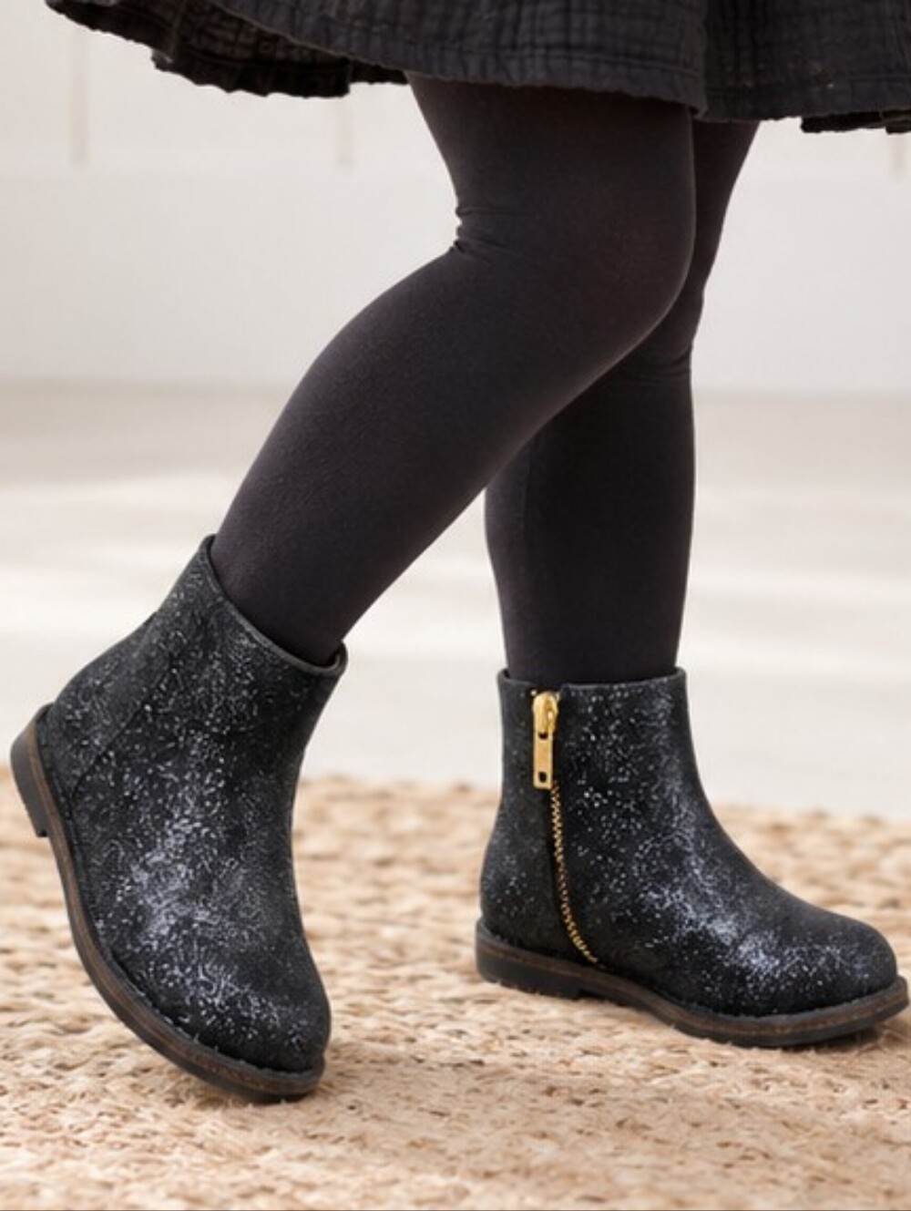 Janie and Jack Girls Black Glitter Sparkle Ankle Boots Gold Zip Size 6